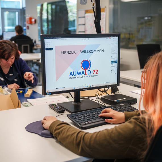 Man sieht eine Mitarbeiterin der Medienschmiede vor dem Computer.